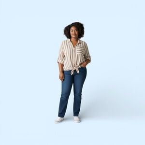 Vixbe Striped Button Front Top XL Blush Cream Tie Front 3/4 Sleeve